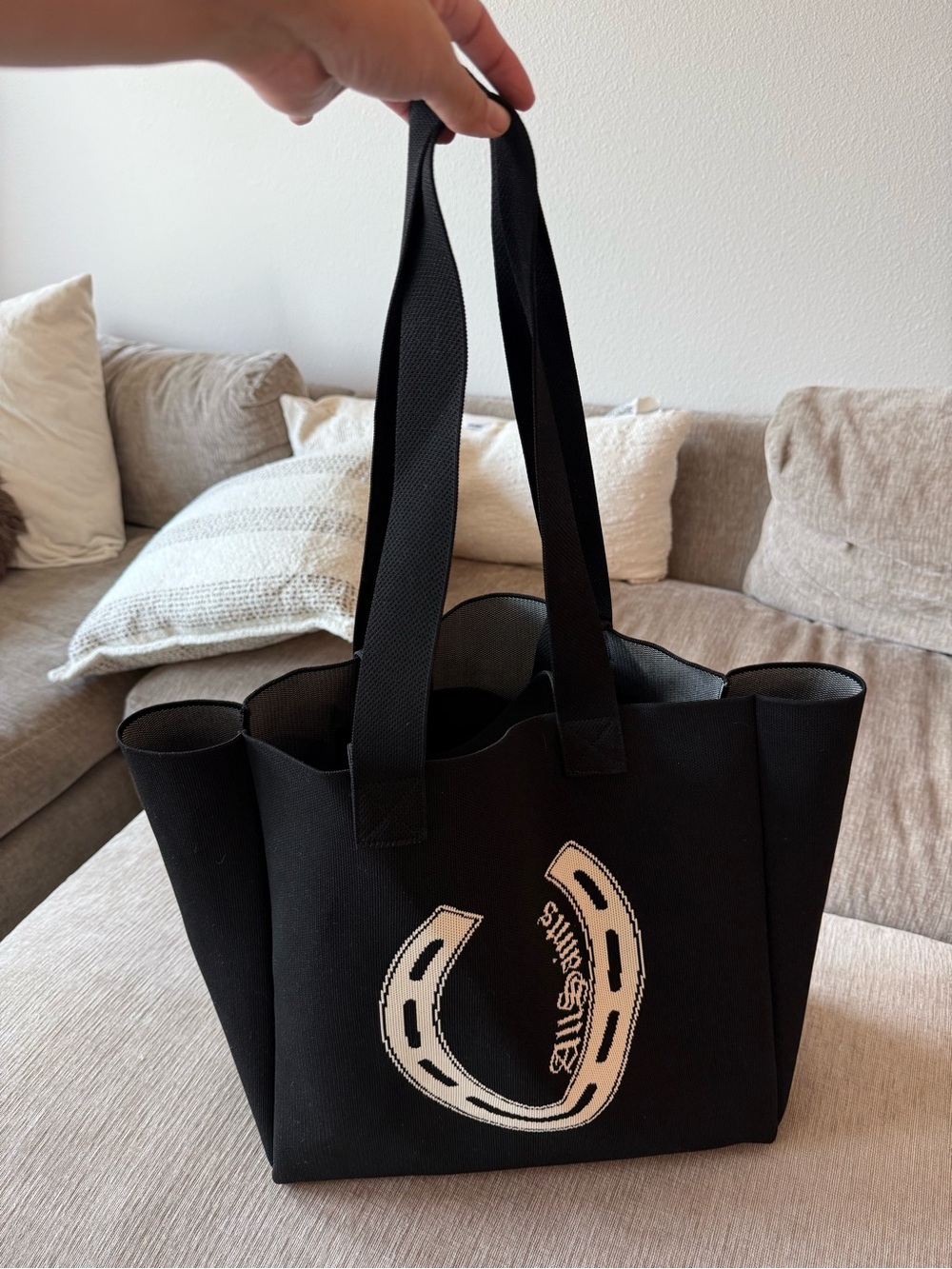 AllSaints Black Canvas Tote with Cream Horseshoe Motif